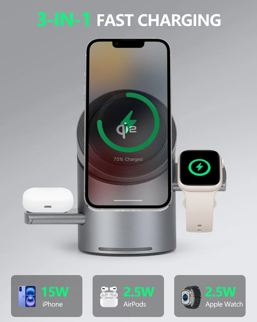 3 in 1 Auto Rotation Wireless Charging Station, Mag-Safe Wireless Charging Stand, Qi2 15W
