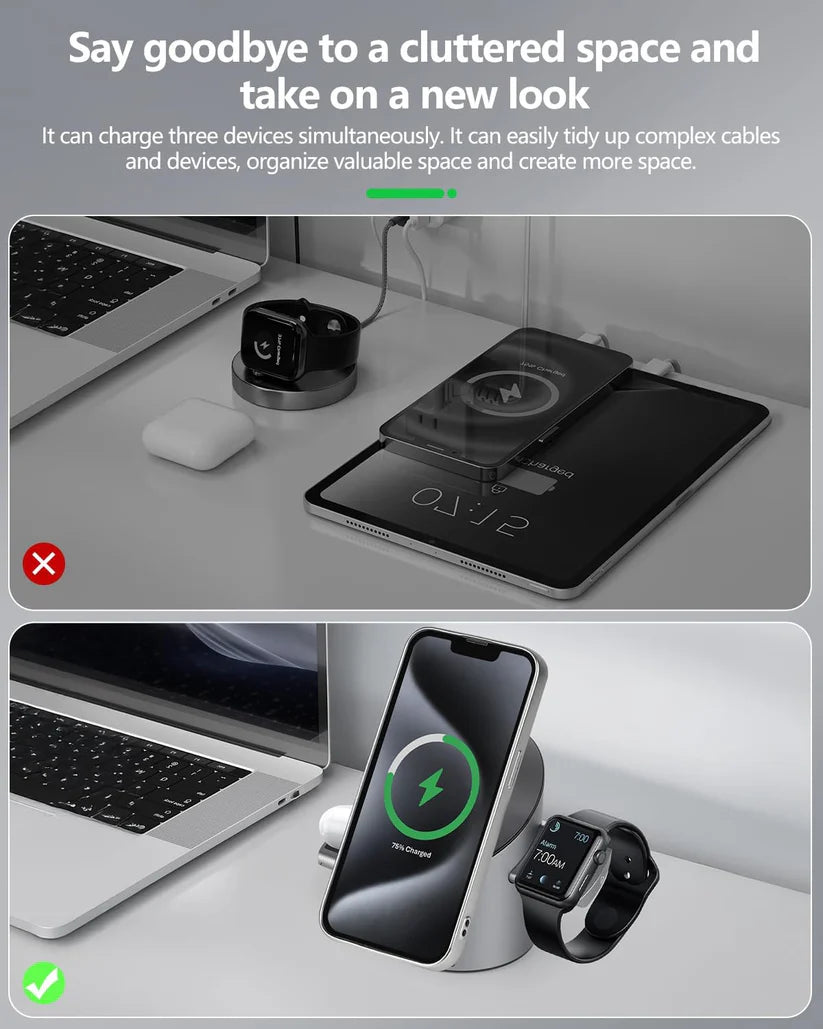 3 in 1 Auto Rotation Wireless Charging Station, Mag-Safe Wireless Charging Stand, Qi2 15W